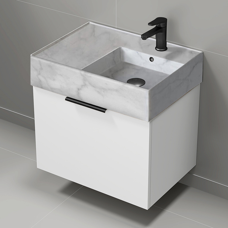 Nameeks DERIN787 Modern Bathroom Vanity With Marble Design Sink, Wall Mount, 24 Inch, Glossy White